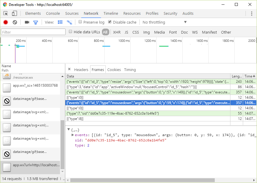 Typical real-time exchange in Wisej. The request is sent in plain JSON and carries the session id.